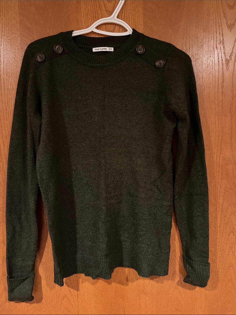 Pink Clover Women’s Dark Green Crewneck Sweater with Shoulder Buttons
